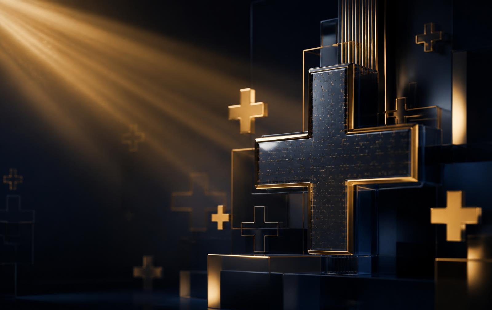 Símbolo dourado do PLUS BANK + sobre fundo azul-noite